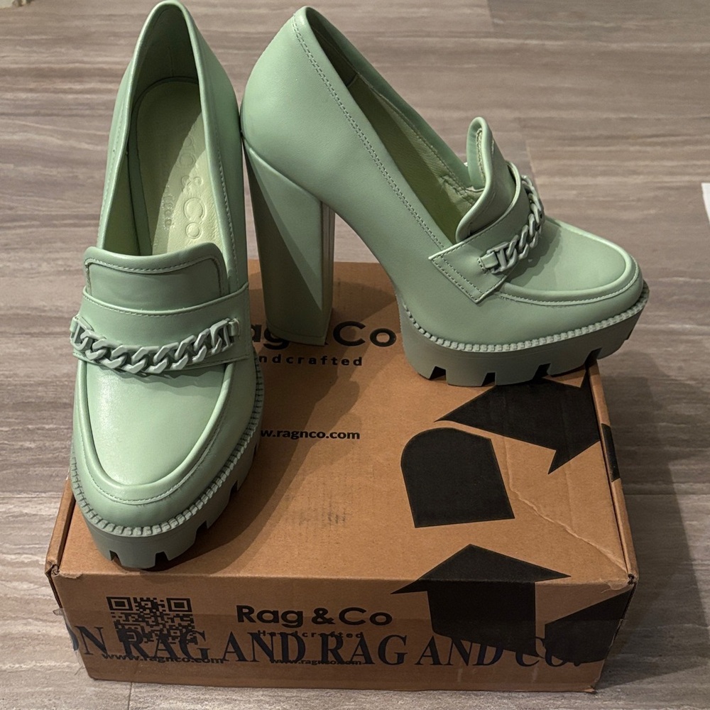 Rag & Co Mint Green Chunky Heel Platform Loafers